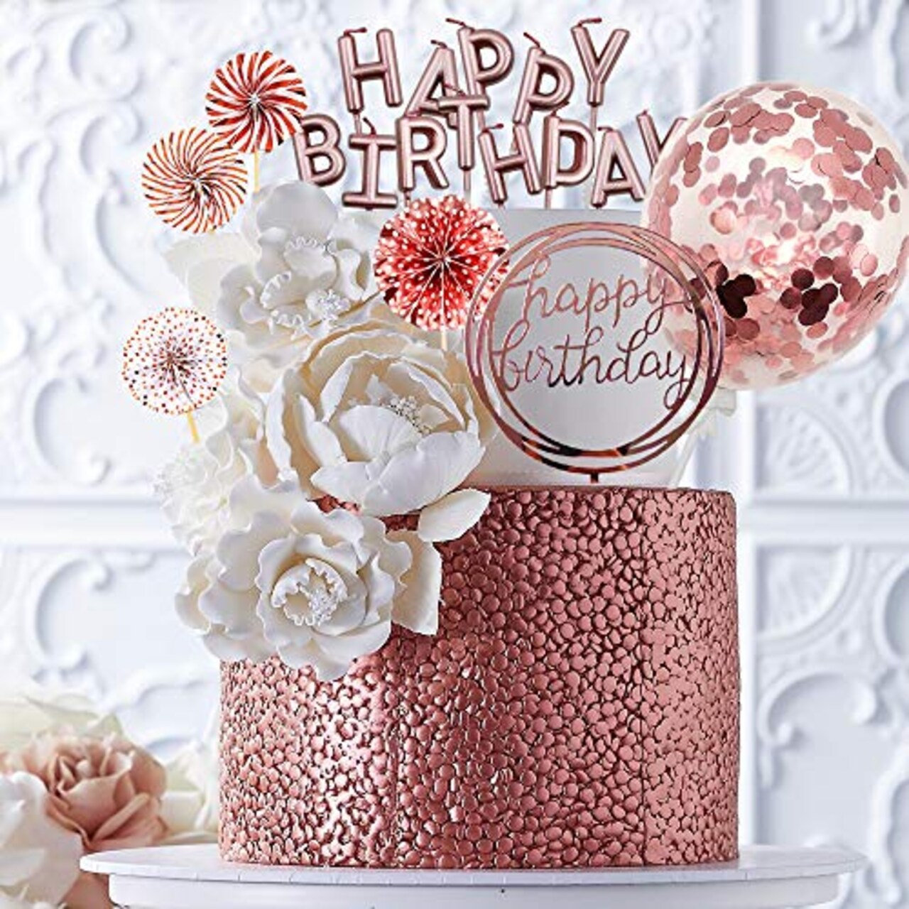 Rose Gold Cake Topper Decoration Set - Includes Happy Birthday Candles, Banner, Confetti Balloons, and Paper Fans for Rose Gold Theme Party Decor for Girls and Women’s Birthday Parties